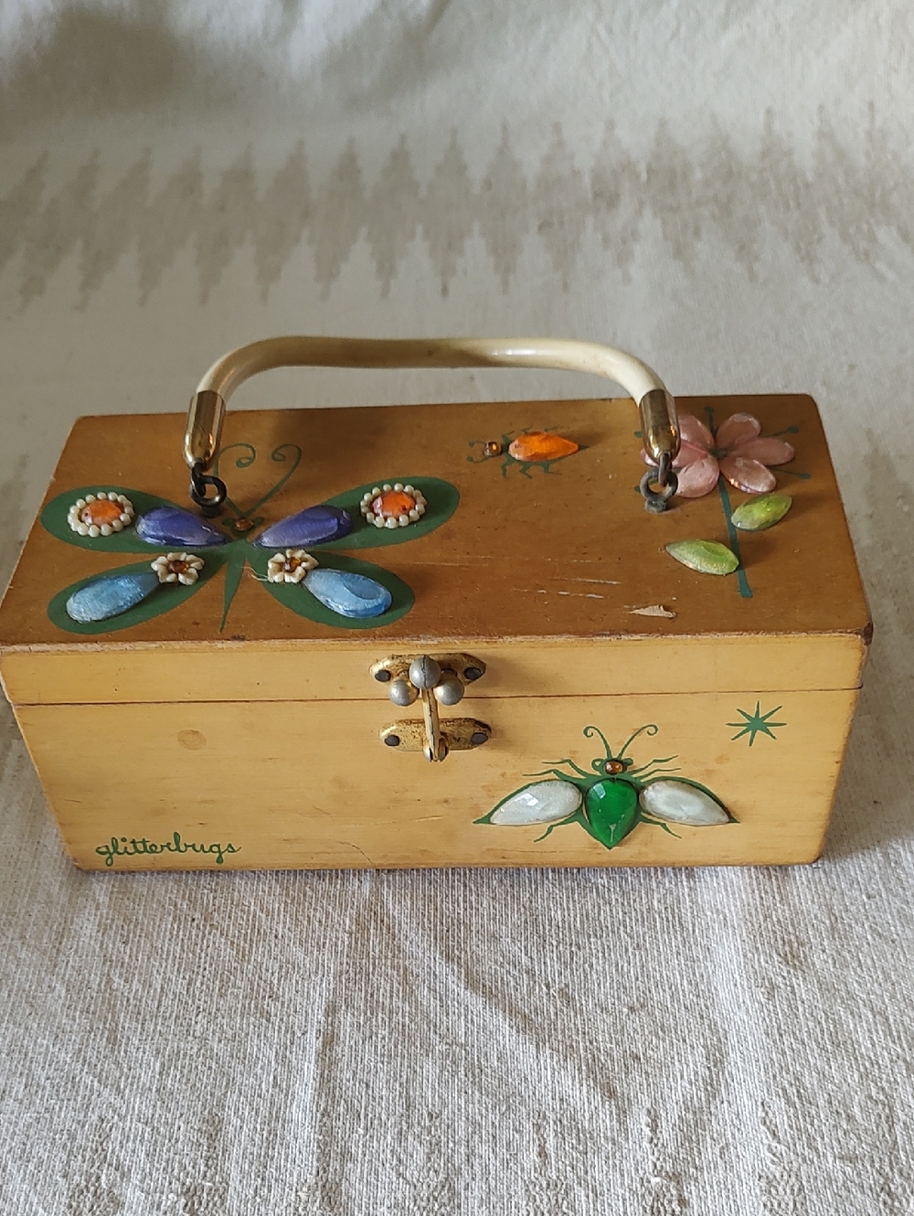 Enid Collins Glitterbugs Yellow Wooden  Box Purse with Floral & Butterfly Motif